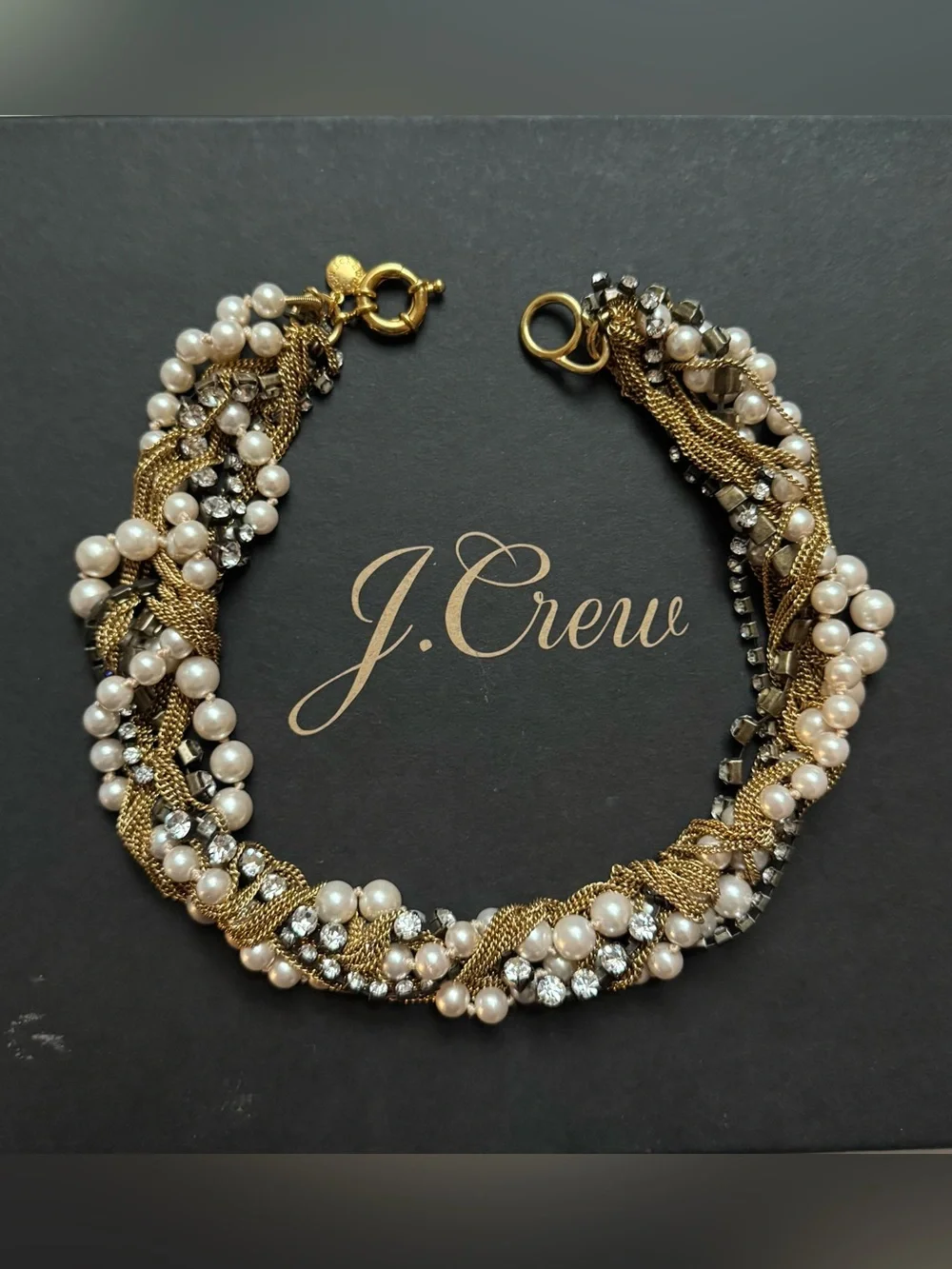J. Crew multi-strand twisted pearl, crystal, and gold-tone chain necklace
